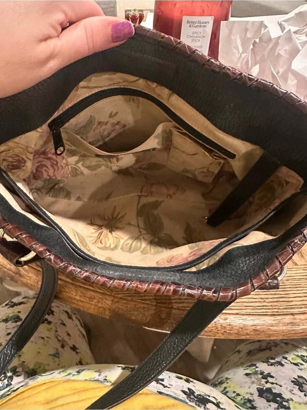 Brighton Black Leather Tote with Brown Croc-Trim